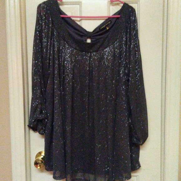 Always Indigo Tops - Always Indigo Black & Gold Sparkly Lined Blouse